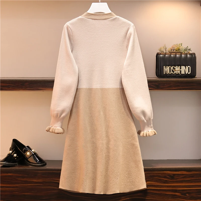 Large Size Women's Wear Fat Mm Autumn And Winter 200 Jin Color-clashing Core-spun Yarn Sweater Color Matching Knitted Skirt | Женская