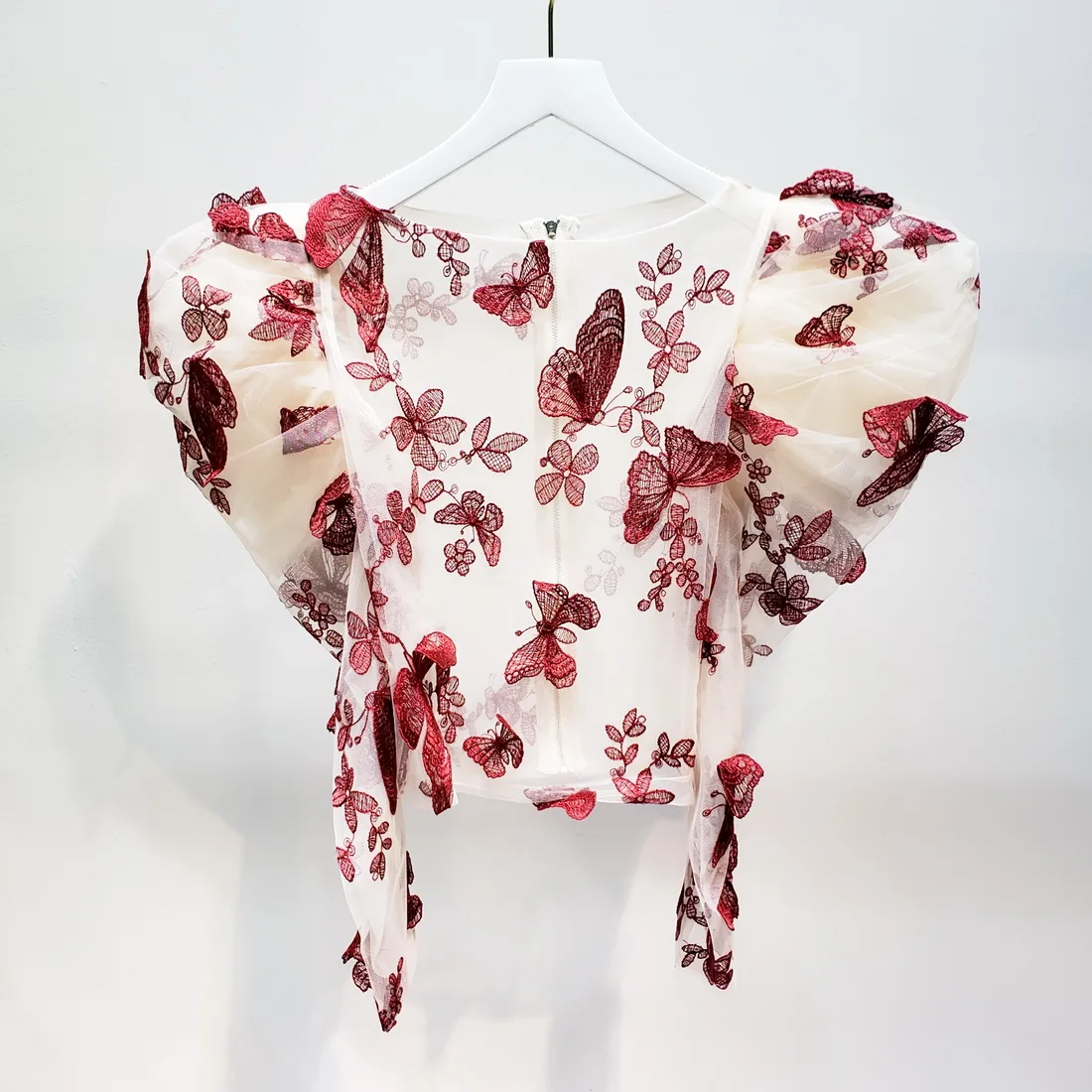 L77street Heavy Industry Mesh Butterfly Embroidered English Lantern Sleeve Perspective Slim Long Sleeve Thin Shirt