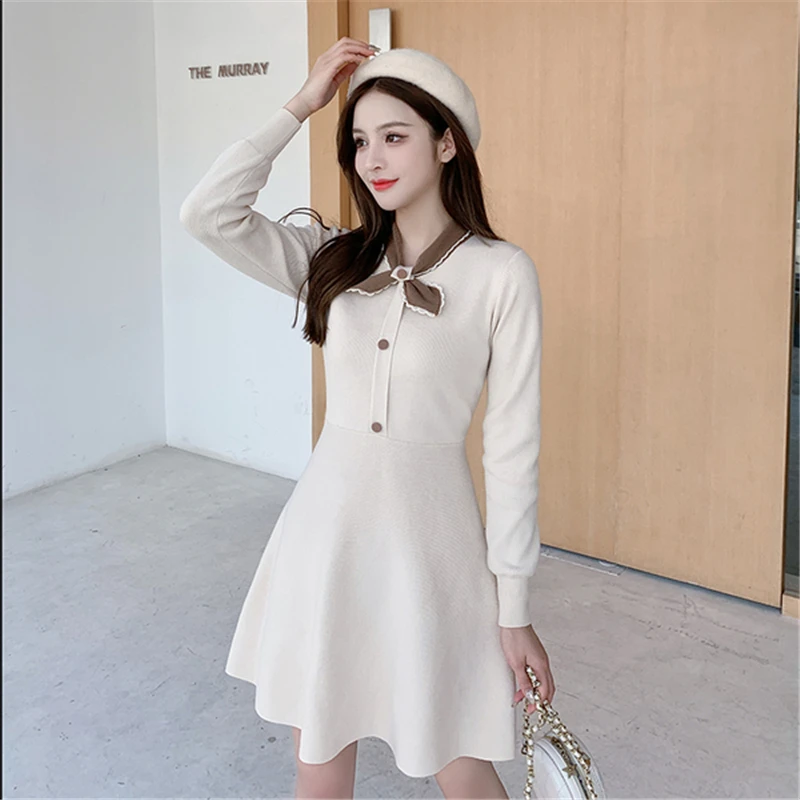 

Women's Autumn Winter 2020 New Knit Sweater Dress Fashion Long Sleeve Solid Color Slim Base Dress Female Casual A-Line Dress