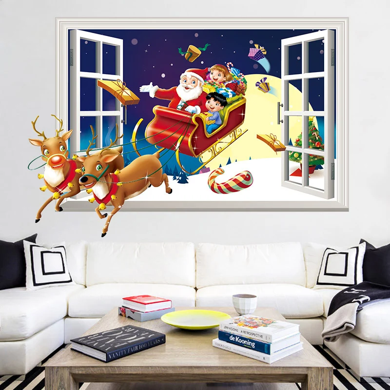 

Holiday Decoration Pvc New Year Christmas Santa Claus Sleigh Decoration Festive Wall Sticker Mall Shop Window 3D Window Sticker