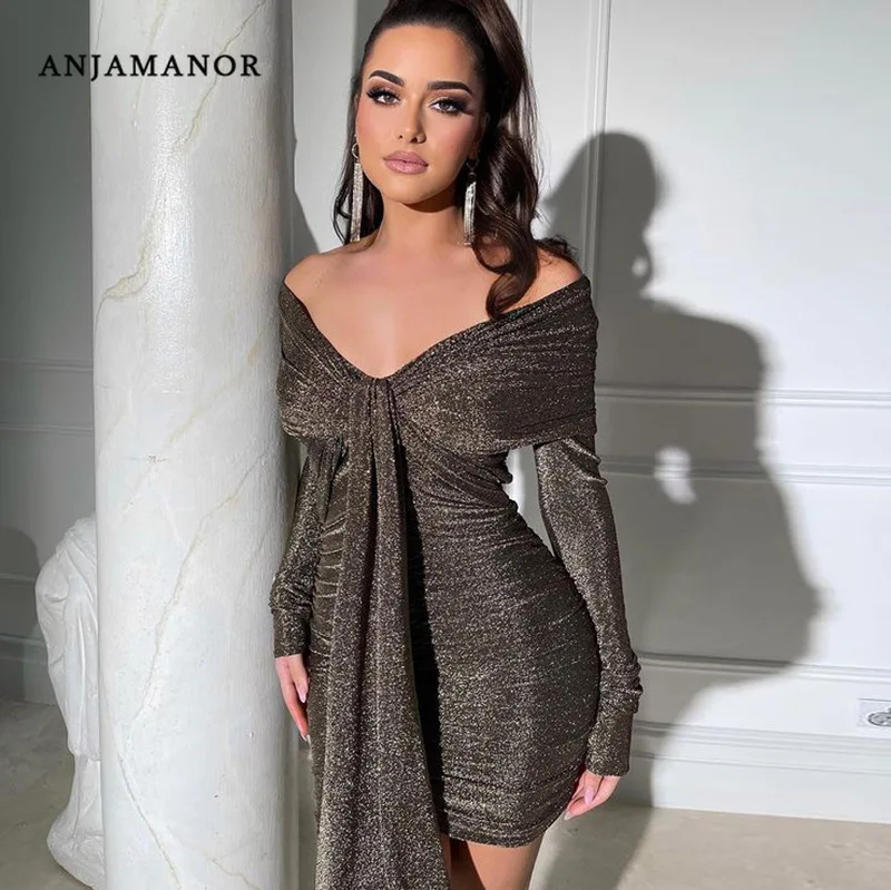 

ANJAMANOR Sexy Glitter Gold Birthday Dresses for Women Party Evening Off Shoulder Long Sleeve Bodycon Mini Dress D15-DZ22