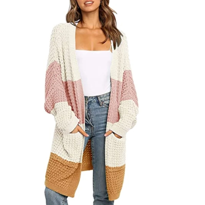 

Women Batwing Long Sleeve Cardigan Chunky Knitted Open Front Sweater Coat Color Block Slouchy Loose Outwear with Pockets