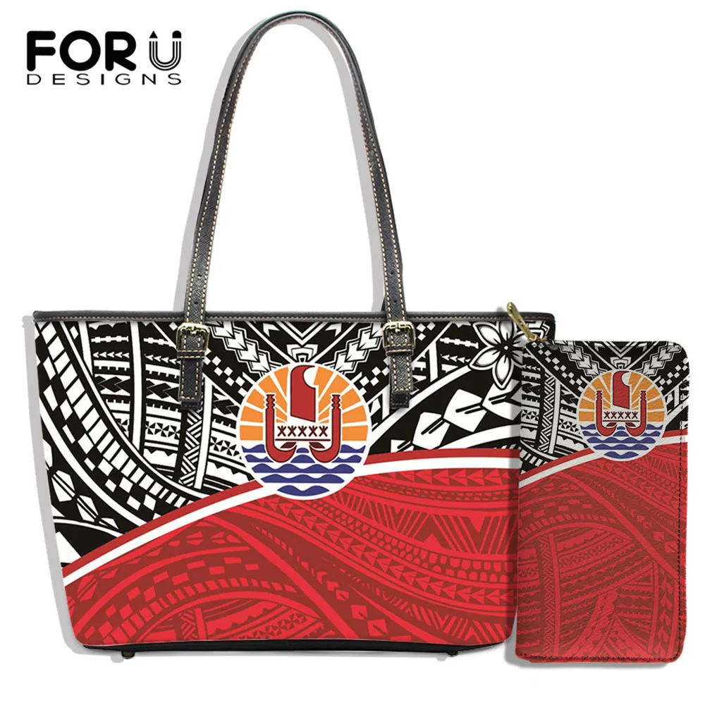 

FORUDESIGNS New Arrival Women PU Leather Shoulder Bag And Wallets 2PCS Polynesian Tribe And Fiji Print Lady Totes Large Capacity