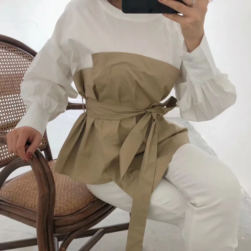 Женская блузка с поясом CHICEVER летняя повседневная Свободная контрастных цветов