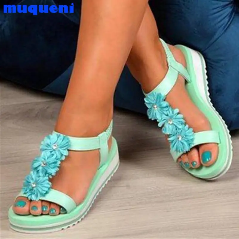 

Women Sandals Flower T-tied Slip on Casual Ladies Shoes Summer Elastic Band Ankle Strap Platform Female Flat Comfort 2021 Summer