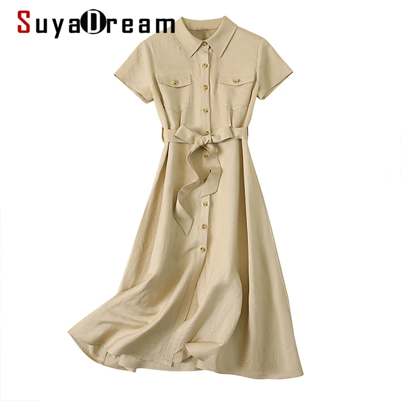 

SuyaDream Woman Maxi Dress Linen Cotton Blend Solid Short Sleeves Sashes Shirt Dresses 2021 Spring Summer Long Dress