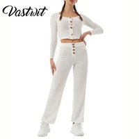 women casual knitted set longsleeve top t shrit high waist pants tracksuit 2 piece sporting suit femme clothing