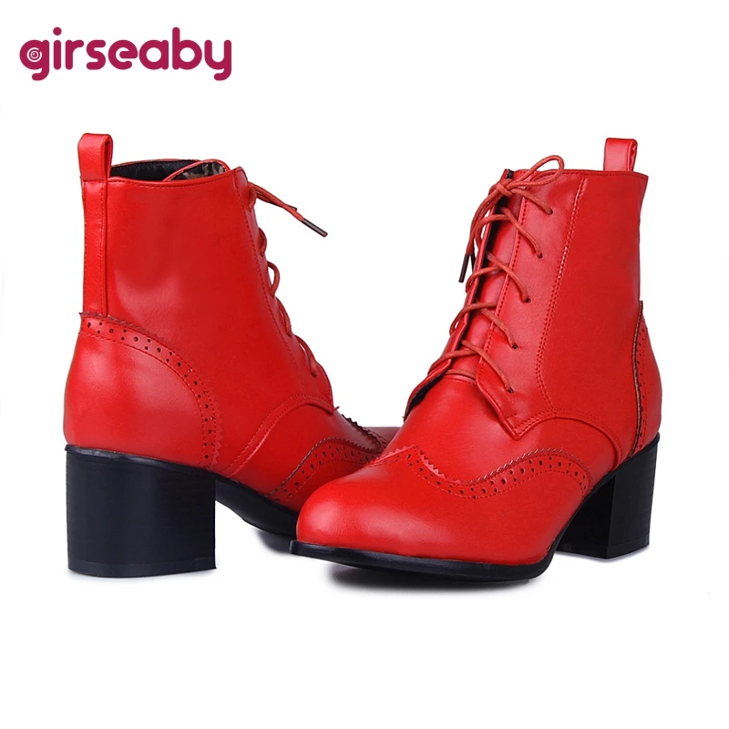 

Girseaby Office-Lady Ankle Boots Fur Bota feminina cano curto Round Toe Block Heels Lace-up Solid Large Size 33-50 Winter S2681