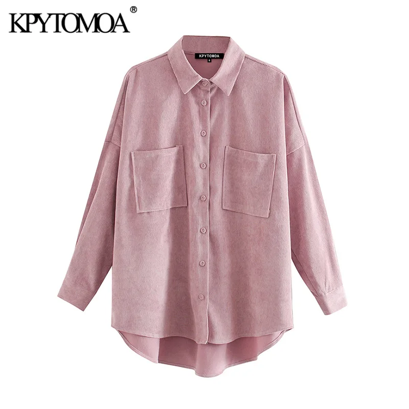 

KPYTOMOA Women 2020 Fashion Pockets Oversized Corduroy Shirts Vintage Long Sleeve Asymmetric Loose Female Blouses Chic Tops