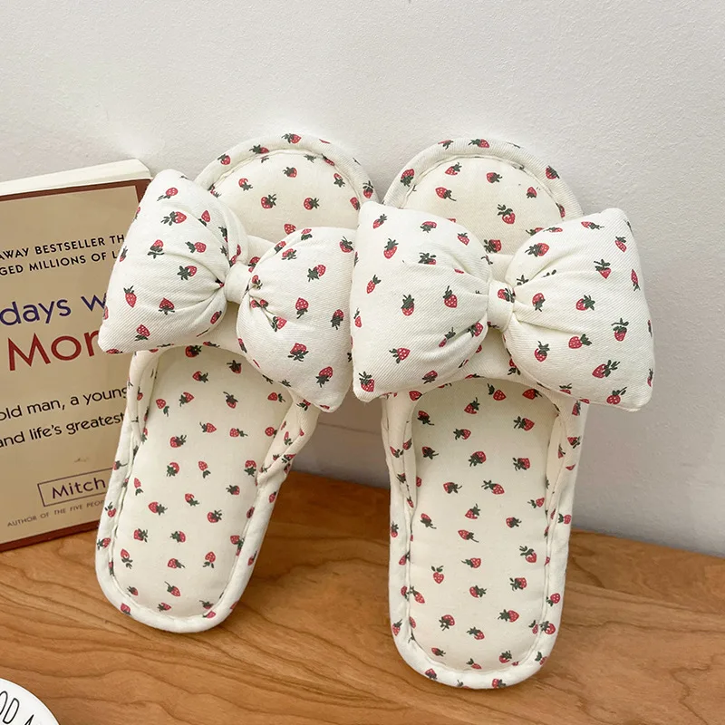 New Four Women's Summer Seasons Linen Slippers Female Home Cute Bow Indoor Non-Slip Home Mute Outdoor Flip Flops Casual Slippers