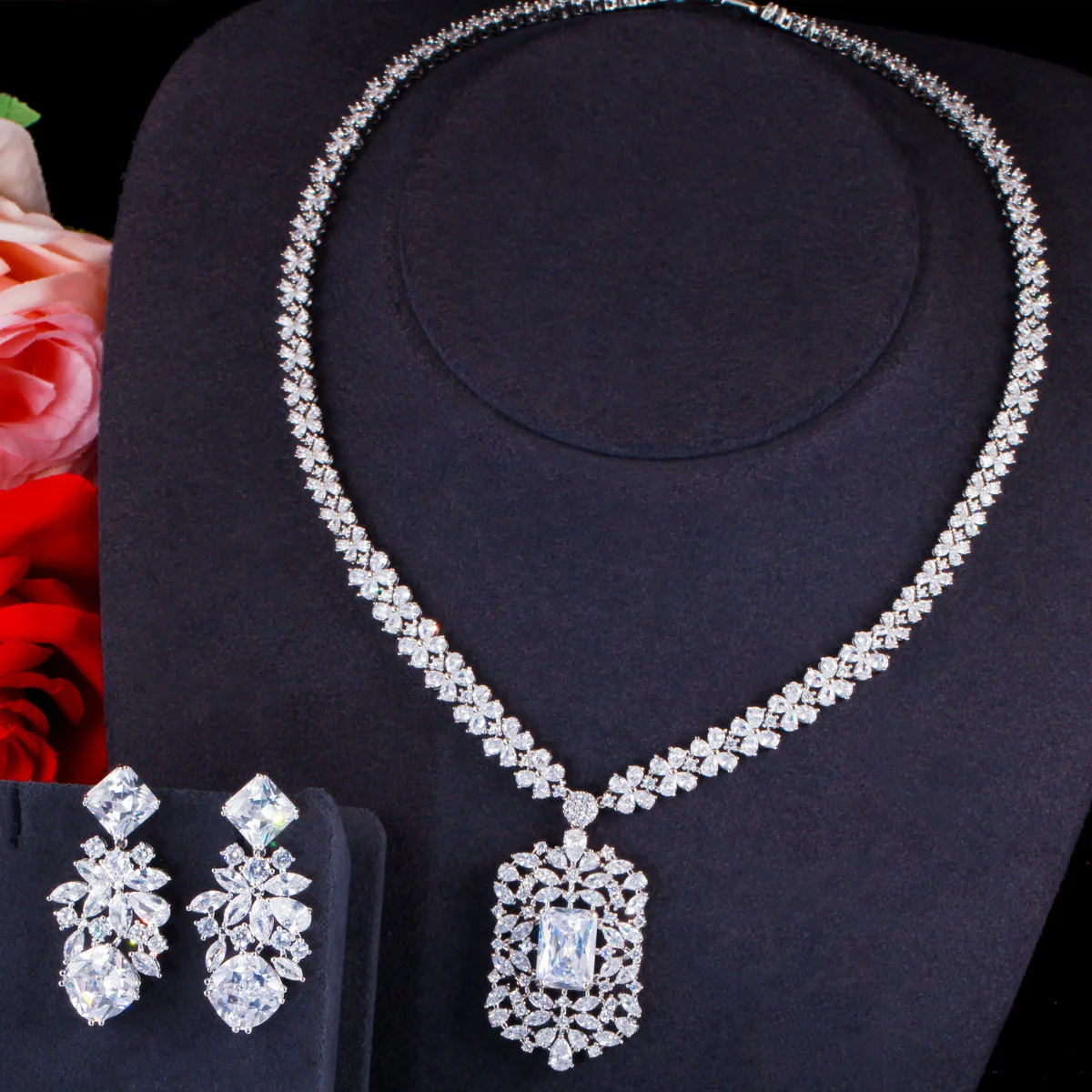 

Korean Bridal Zircon Necklace Earrings Set Chain Wedding Dinner Party Jewelry Set Multicolor