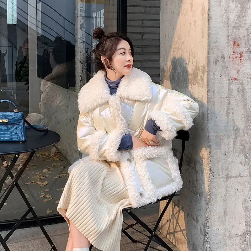 New bright down jacket women's short white duck down with lamb fur