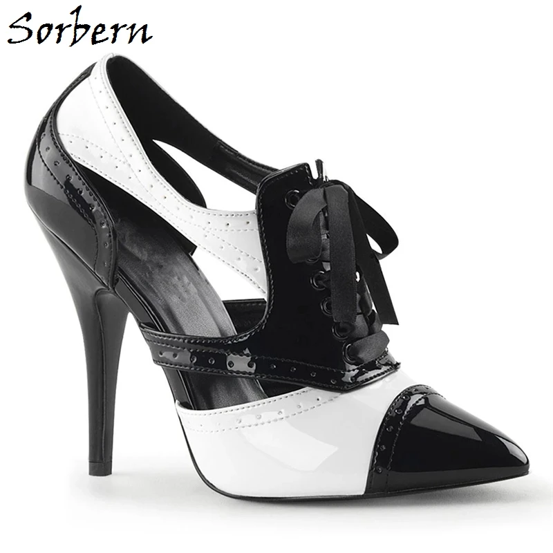 

Женские лакированные туфли-лодочки Sorbern, черно-белые туфли из лакированной кожи на каблуке 13 см, со шнуровкой и острым носком, 2020