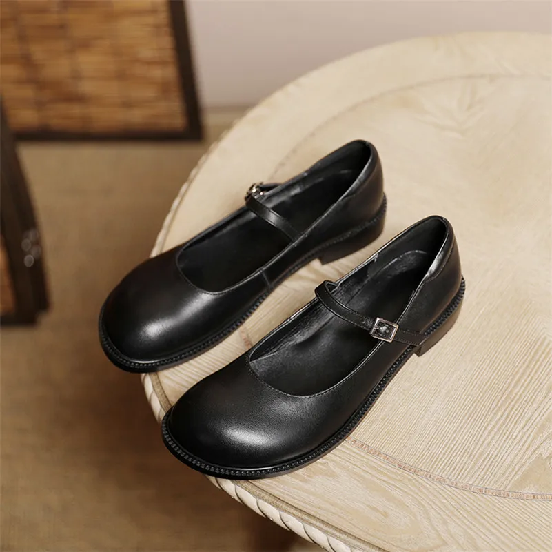 

ANNYMOLI Mary Janes Shoes Women Natural Genuine Leather Med Heels Buckle Strap Chunky Heel Pumps Ladies Footwear Spring Size 40