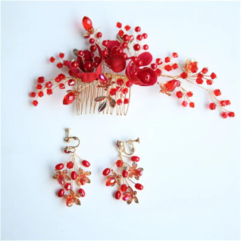 Прелестные красные свадебные заколки для волос Свадебные наборы невесты ручной