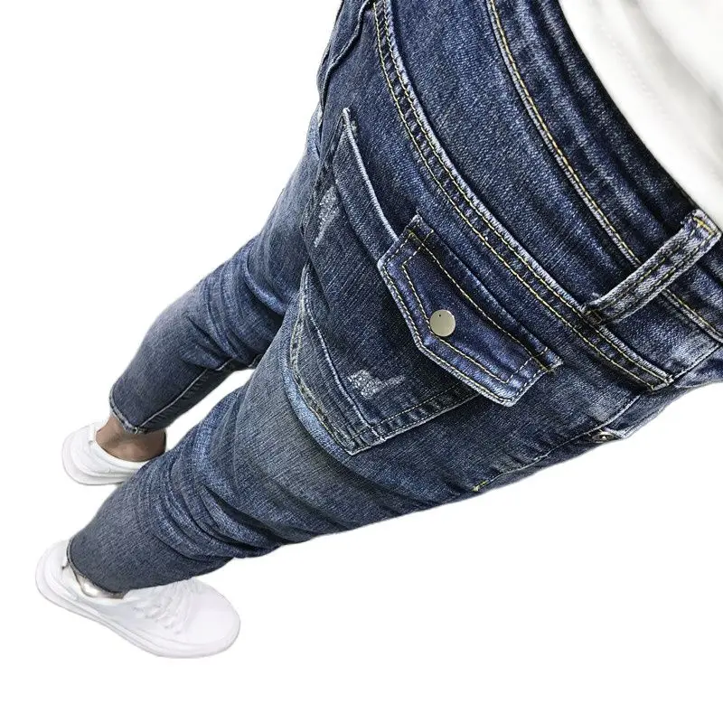

Fashion 2021 Casual Pocket Washed Blue Stiletto Jeans Male Spring Summer Slim Social Guy Blue Hip Hop Cowboy Denim Jeans For Man