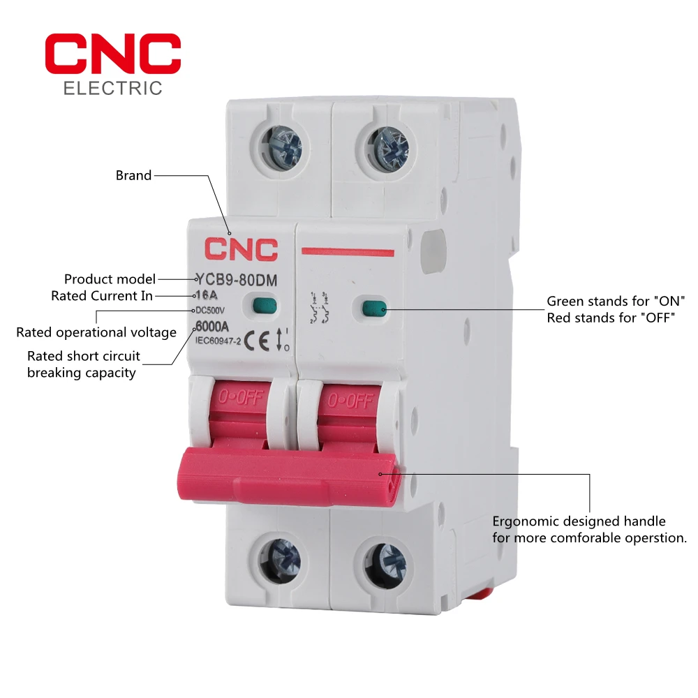 CNC YCB9-80DM 2P DC MCB 6KA 500V Mini автоматический выключатель 16A 20A 25A 32A 40A 50A для системы PV |