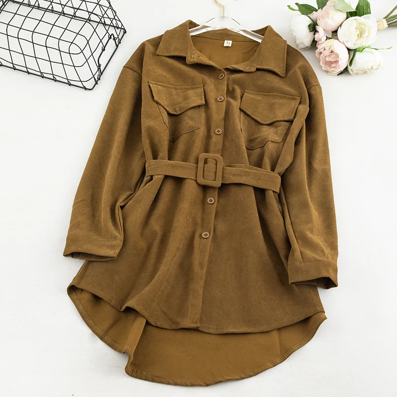 khaki SINGRAIN женское необычное вельветовое платье зимнее с длинными рукавами теплое одноцветное Клубное корейское платье теплое осеннее элегантное Рубашка-Платье на пуговицах - Цвет: khaki