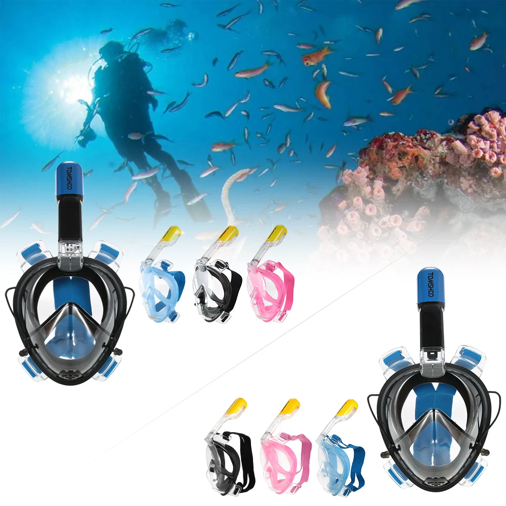 

Adult Swimming Mask Diving Mask Dry Snorkel Anti-fog Panoramic Full Face Underwater Snorkeling Masks with Holder for GoPro