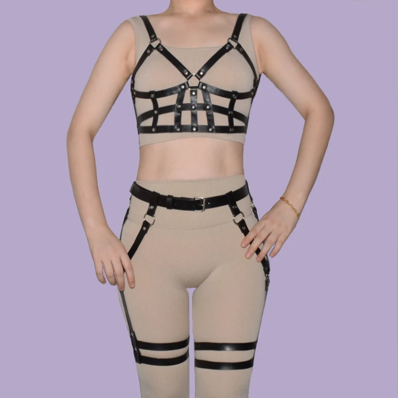 2 Pcs Set Sexy Women Leather Body Harness Bra Chest Bondage Lingerie Cage Bra Punk Gothic Ladies Garter Belts Suspenders