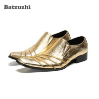 batzuzhi mens dress shoes vintage metal pointed toe fashion gold leather dress shoes men party and wedding shoes eu38 46