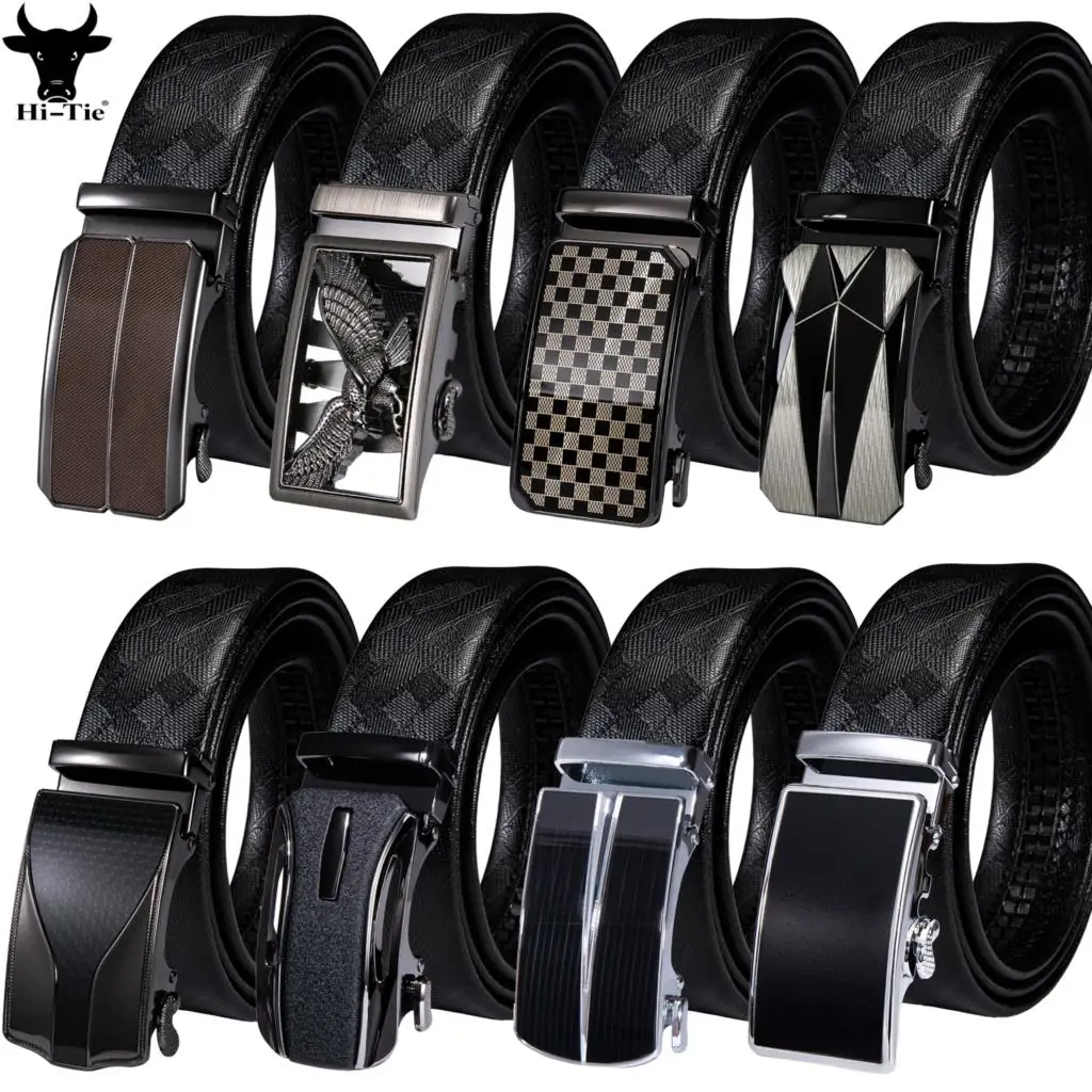 Formal Black Genuine Leather Mens Belts Automatic Buckles Ratchet Dress Jeans Waistband Straps Casual Adjustable High Quality