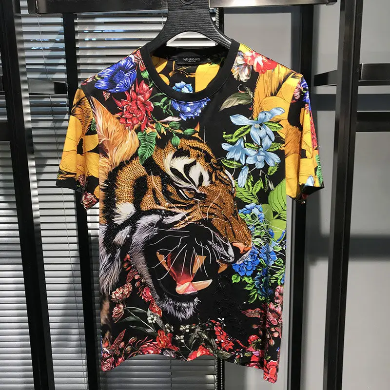 

2021 summer new hot diamond printed T-shirt personality slim short sleeve men's handsome jacket
