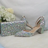 ab rhinestone bridal wedding shoes and bag set luxury silver crystal pointed toe bridesmaid party dress shoes women thick sandal