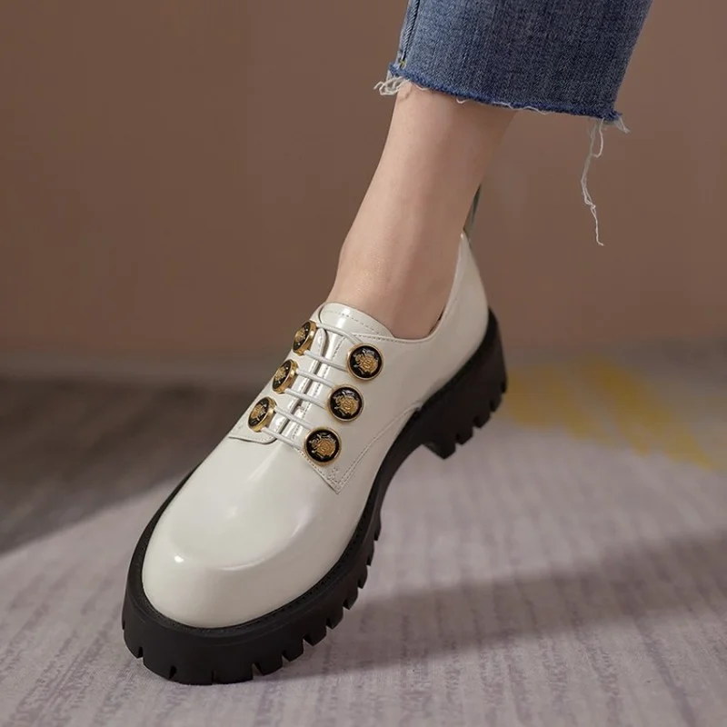 British Style Small Leather Shoes Women's Thick Soled Sheepskin White Black Single Shoes New Thick H