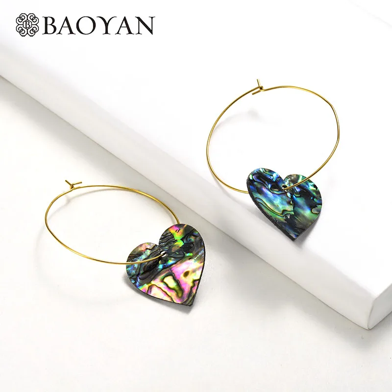 Baoyan большие золотые серьги круглые большие круглые сердца натуральные серьги в виде раковины абалона петли круг серьги-кольца из нержавеющей стали для женщин