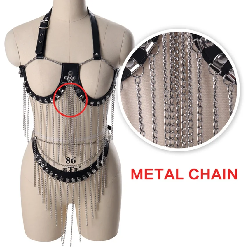 Женский комплект из бюстгальтера и ремня искусственной кожи с металлической
