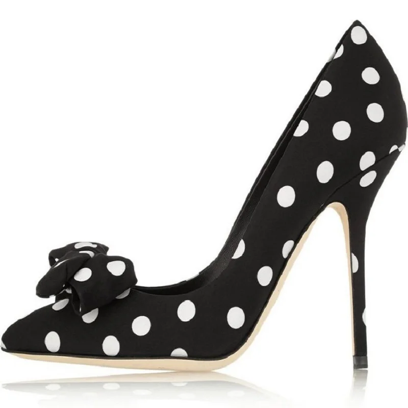 Женские туфли лодочки в горошек с острым носком на тонком высоком каблуке