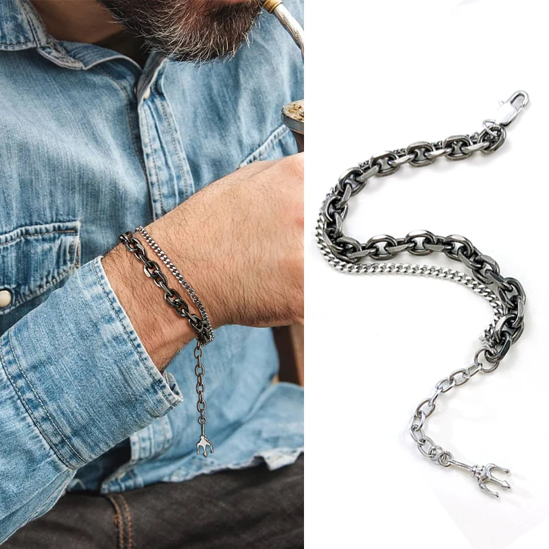 

Men Bracelet,Cable Bracelet,Stainless Steel Cuban Link Bracelet,Double Chain Bracelet,Extension Chain Trident Charm Jewelry