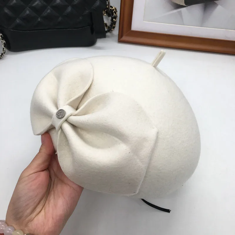 Белая шляпа берет m Женский han издание британского банта trilby шапки шерстяная шляпа