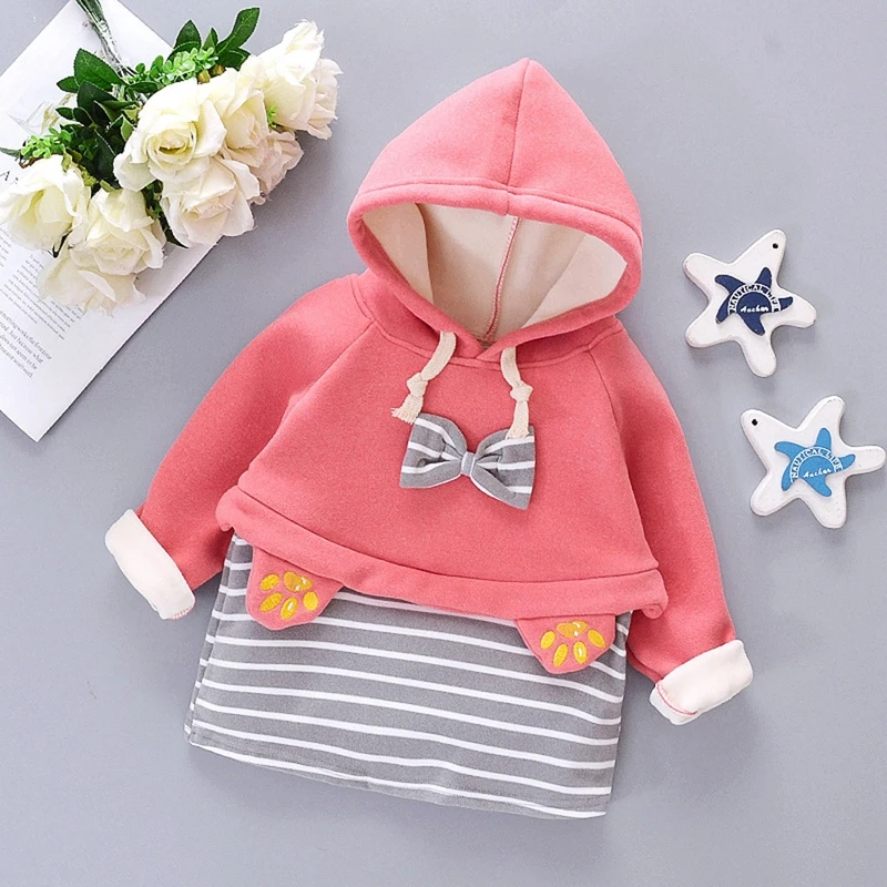 Зимний свитер для маленьких девочек плюшевые пальто с бантом флисовое платье