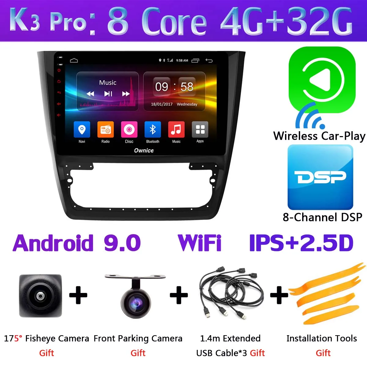 K3 Pro CarPlay 360°×4 DVR AHD камера 4G LTE 4G+ 64G Android 9,0 DSP CarPlay gps Navi Радио автомобильный мультимедийный плеер для Skoda Yeti 2009 - Цвет: K3 Pro CarPlay