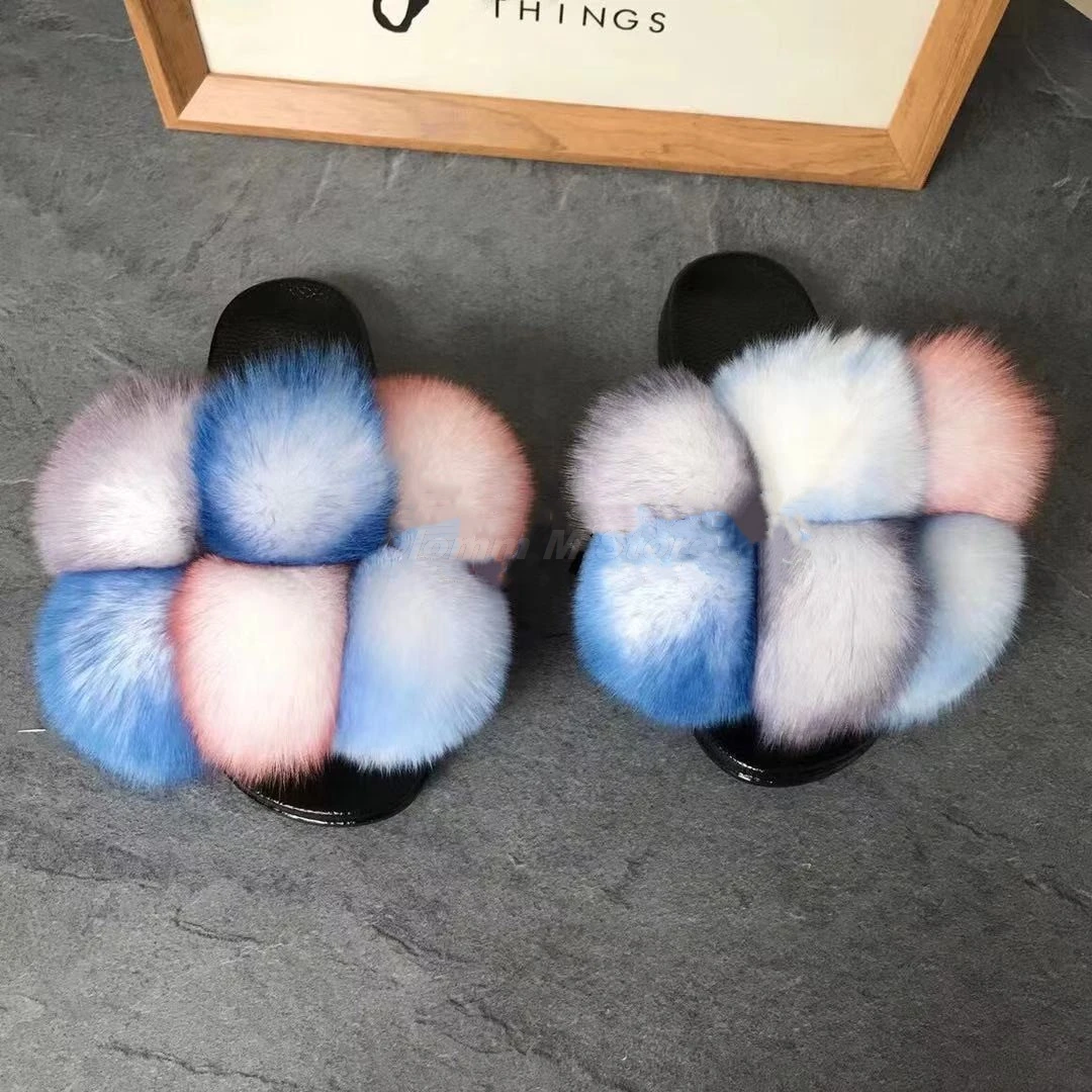 

Шлепанцы женские с помпоном, меховые сандалии с помпоном из натурального Лисьего меха енота, на плоской подошве, плюшевые шлепанцы для дома,...