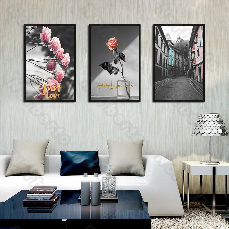 

New Classic Canvas Painting Wall Poster Pink Roses and Quaint Chinese Street Art Letters Just Love for Home Rooms Decoration