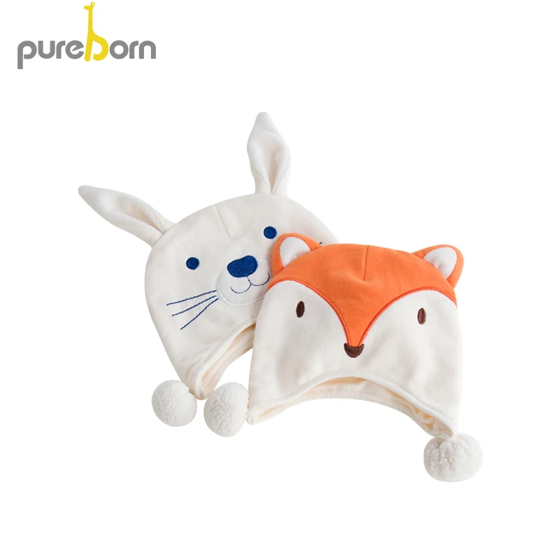 Pureborn новорожденный младенец мультфильм лиса хлопок шапки для маленьких мальчиков и девочек весна осень фотографии волос мяч повседневные теплые шапки