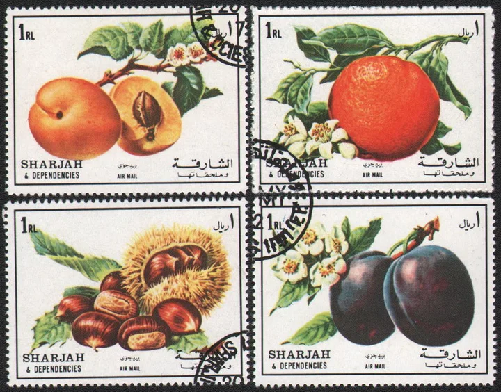 

4 шт./компл. почтовые марки Sharjah в виде оранжевых фруктов, использованные почтовые марки для коллекционирования