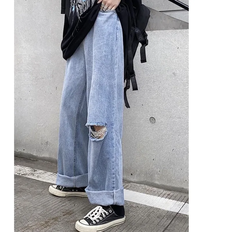 

Men's jeans 2020 autumn new slim solid color ripped wide-leg pants Dad jeans relaxed casual personality youth men's wear