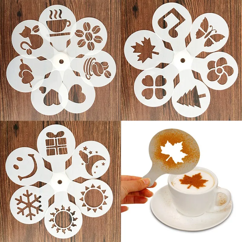 

19Pcs Portable Coffee Stencils Fancy Coffee Printing Model Foam Spray Cake Stencils Coffee Drawing Mold Powdered Sieve Tools