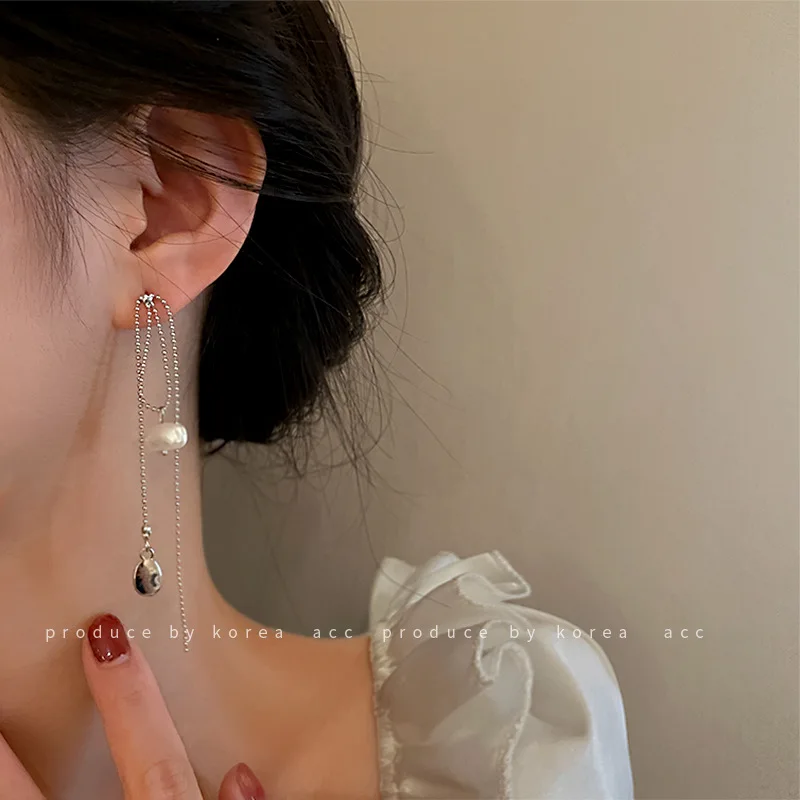 

925 Silver Needle Korean Sen Series Small Fresh And Simple Design Sense Personalized Freshwater Pearl Tassel Earrings Female