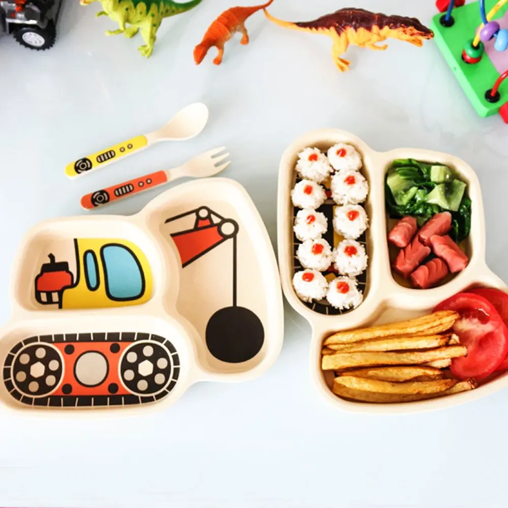 3pcs/set Cartoon Car Plate Fork Spoon Dinner Plates Set Dishes Divided Compartment Plates Tableware for Kids Toddlers Children