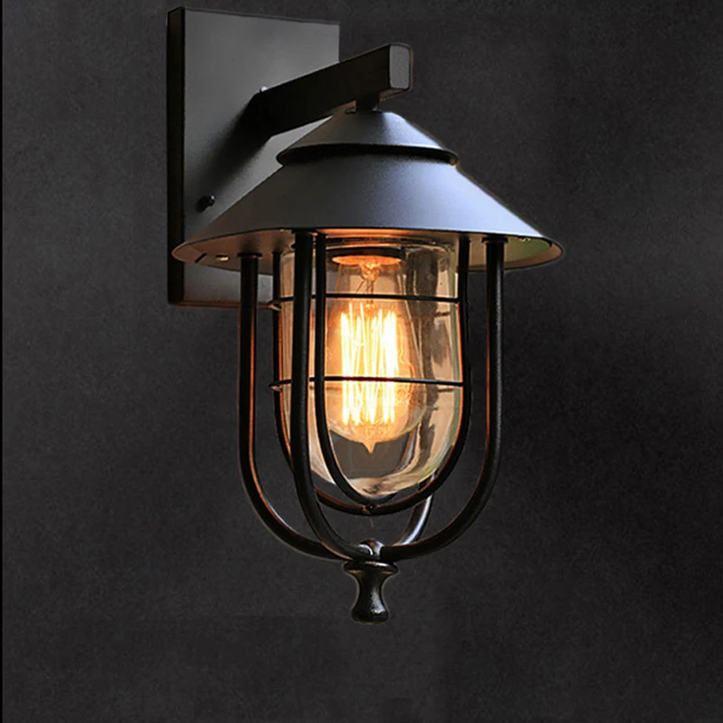 Vintage Retro Wall Lamps Iron Black Wall Sconces Rainproof Indoor Lampshade Iron Frame Outdoor Lights for Home Indoor Lighting C