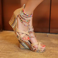 lucyever 2019 summer women colorful beads high heels sandals national style wedges platform bohemia shoes woman plus size 34 43