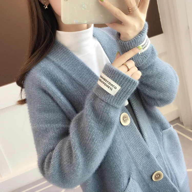 

Autumn and winter new Korean style loose mid-length knitted cardigan for women