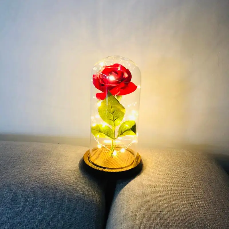 

Creative 20LED Wooden Base Night Lights Rose Flower Glass Dome Copper Wire Fairy String Lights Valentine Wedding Birthday Party