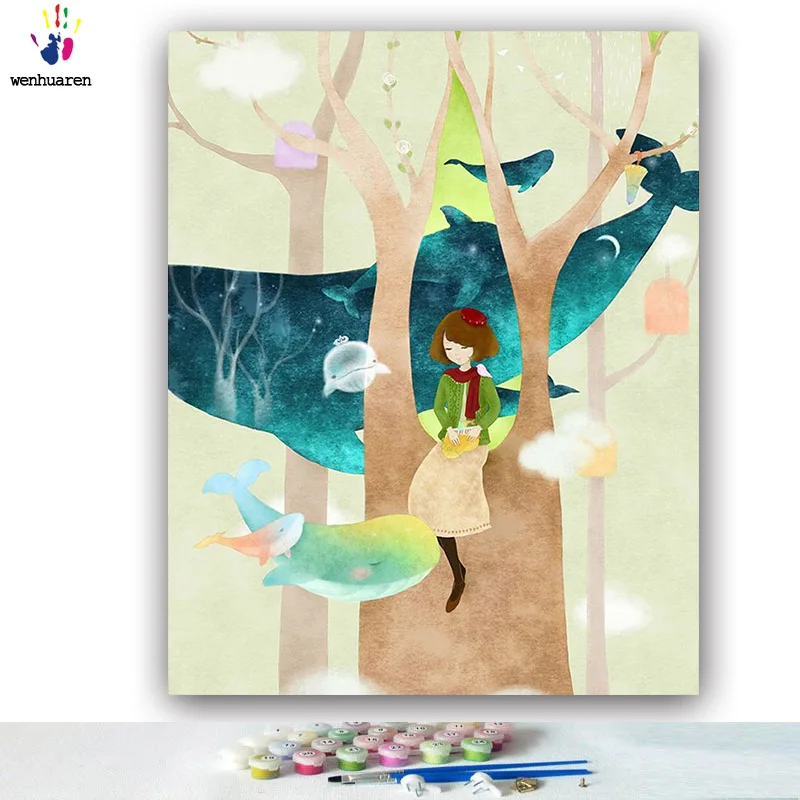 Сделай Сам картинки для раскраски по номерам с цветами милая маленькая девочка Рыбацкая картина Рисование по номерам в рамке дома - Цвет: 2371