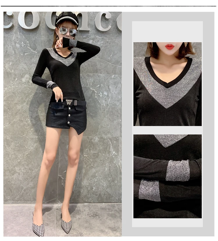 Женский Блестящий пуловер в стиле пэчворк с v-образным вырезом европейском на